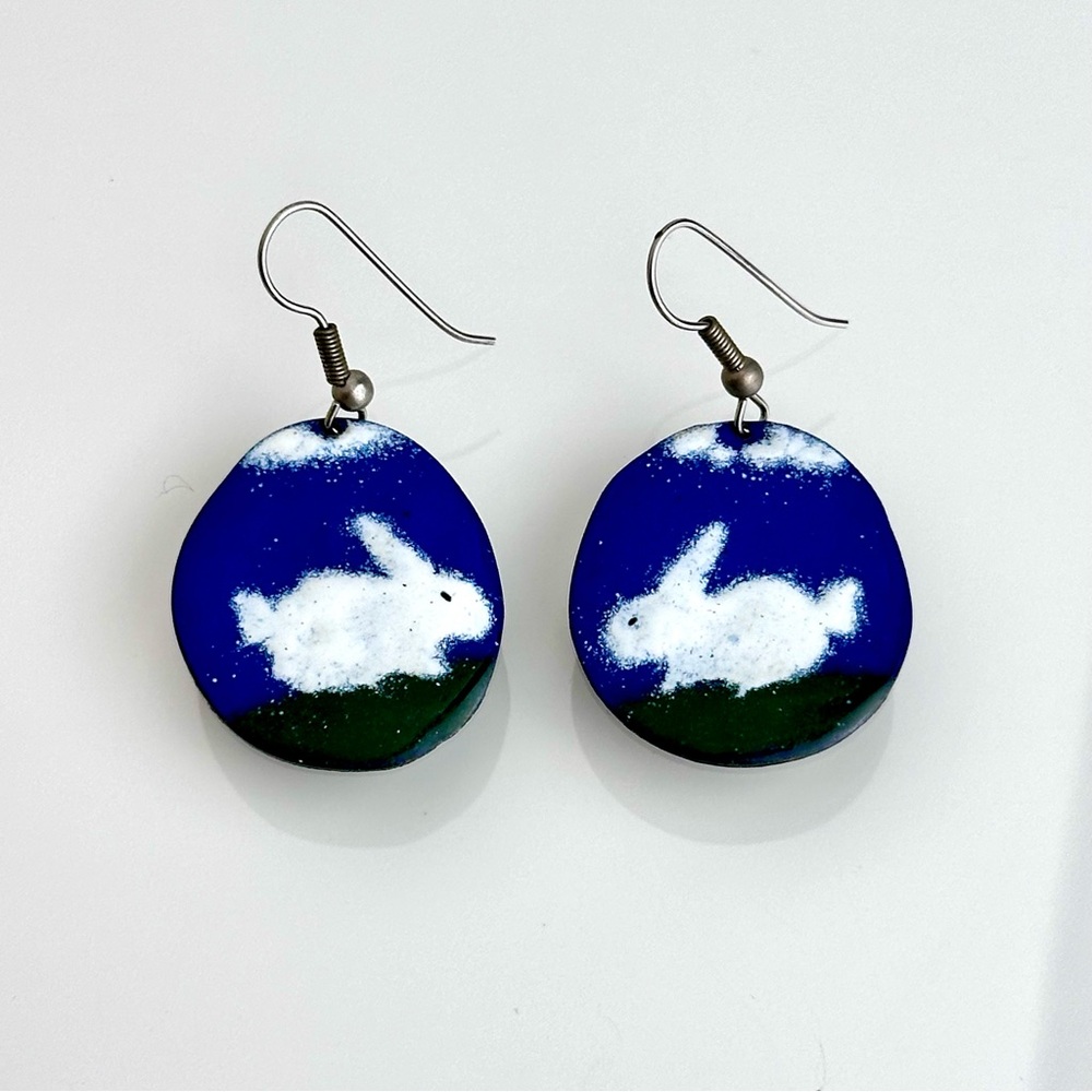 Blue Green White Enamel Rabbit Bunny Non Magnetic Hook Earrings